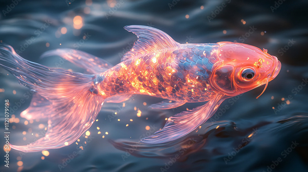 a goldfish with a glowing, ethereal appearance, surrounded by a background of blue lights and bubbles a goldfish with a glowing, ethereal appearance, surrounded by a background of blue lights and bubbles