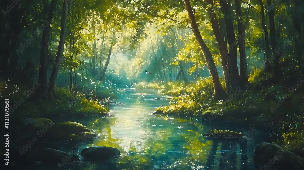 Fototapeta premium A peaceful woodland stream with crystal-clear water, smooth stones, and the sound of birdsong