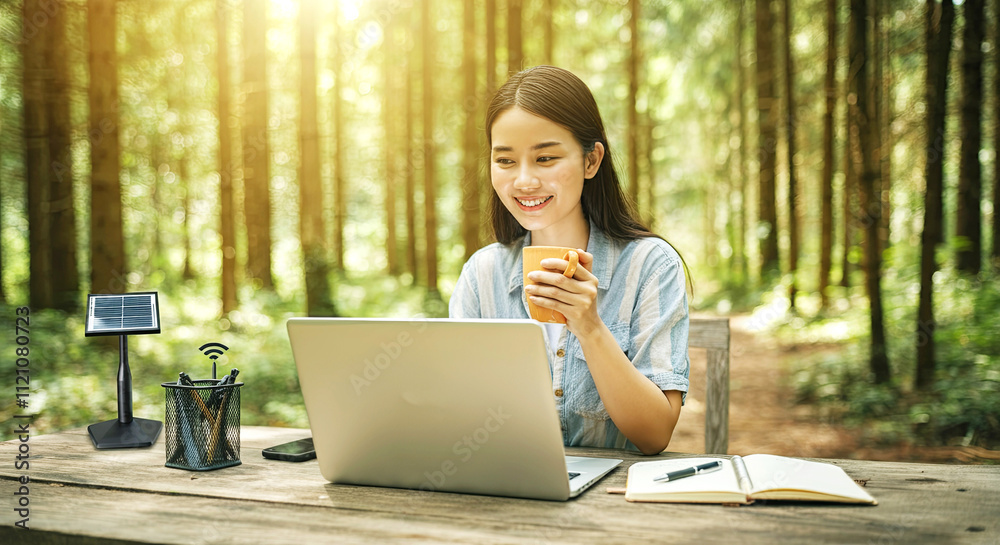 Forest retreat workspace. Young woman sitting at a rustic wooden desk focused on her laptop at green forest. Forest retreat workspace. Young woman sitting at a rustic wooden desk focused on her laptop at green forest.