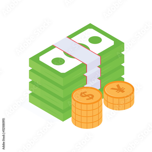 A stack of cash and coins representing savings or wealth