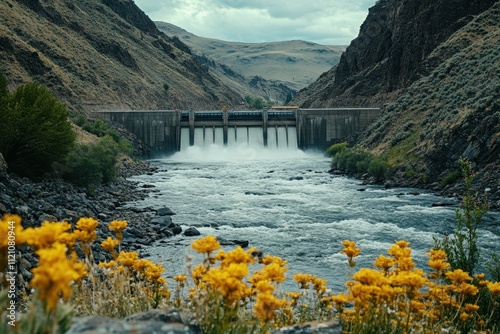 Majestic dam releasing water into a river gorge. Illustrates hydropower generation and its impact on the environment. photo