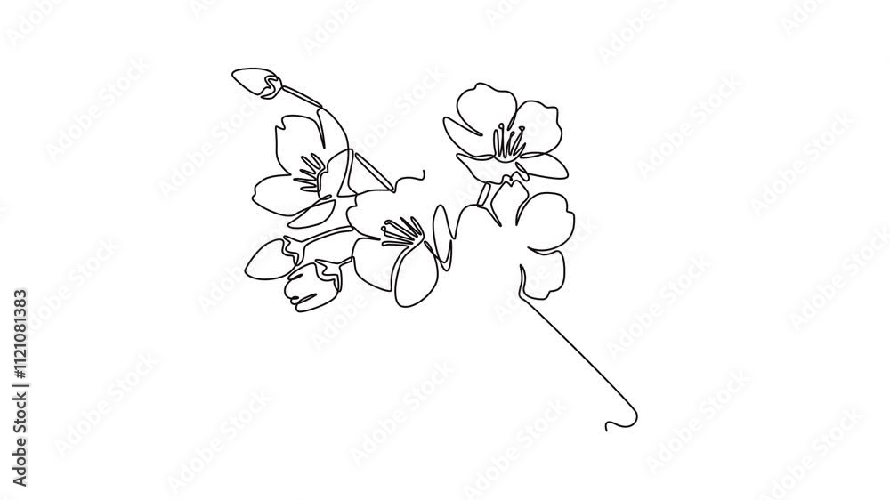 Animated self drawing of continuous line draw beauty Japan sakura tree. Decorative cherry blossom plant for home decoration wallpaper poster art print. Travel and tours. Full length one line animation