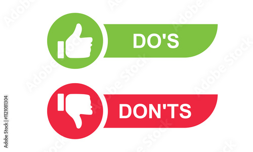 Do's and Don'ts icon. to do and not to do symbol for guidelines and rules list. buttons with thumbs up and thumbs down sign.  isolated on white and black background. Vector illustration.  EPS 10