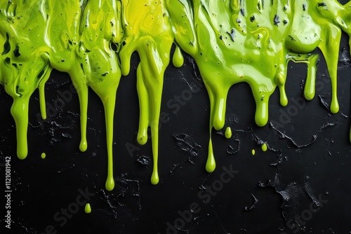 Bright green paint drips on black. Ideal for Halloween, slime, or toxic themes. photo