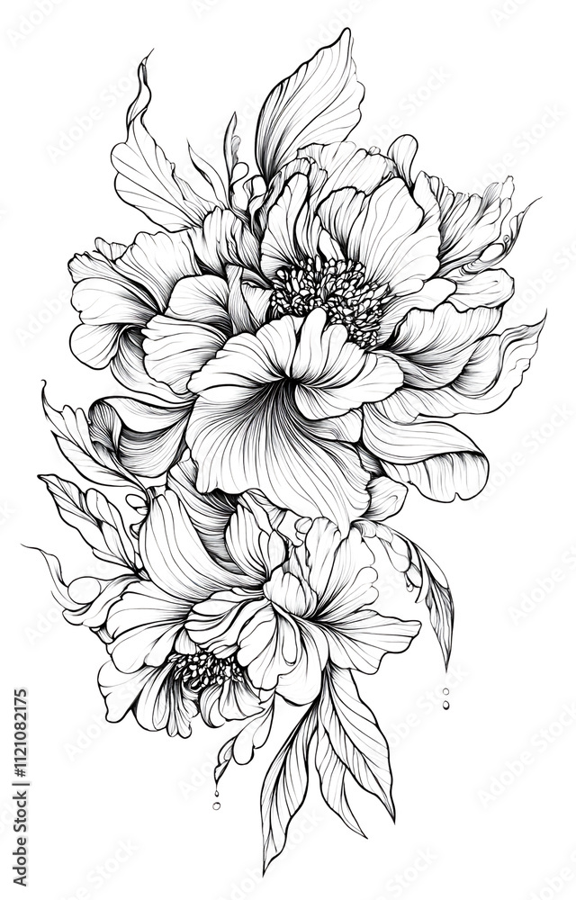Intricate line art of peonies. Black and white floral design.