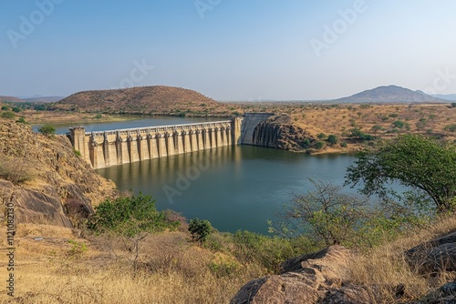 Large concrete dam spans a wide reservoir in arid landscape. Ideal for illustrating water management, drought, or infrastructure projects. photo