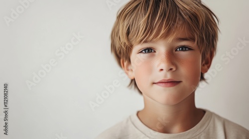 photo portrait of a handsome young caucasian white American model teen boy looking forward. child ad with copy space, cute, kids, children