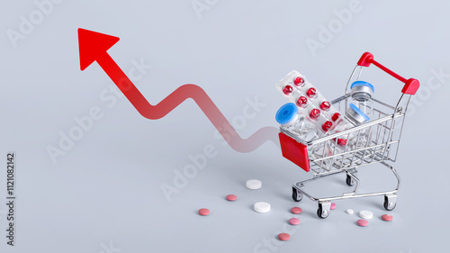 Mini shopping cart with different pills on grey background