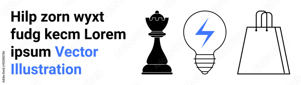 Chess king piece, light bulb with lightning bolt symbol, shopping bag, and placeholder text. Ideal for business strategy, creativity, innovation, shopping, e-commerce marketing retail themes Chess king piece, light bulb with lightning bolt symbol, shopping bag, and placeholder text. Ideal for business strategy, creativity, innovation, shopping, e-commerce marketing retail themes