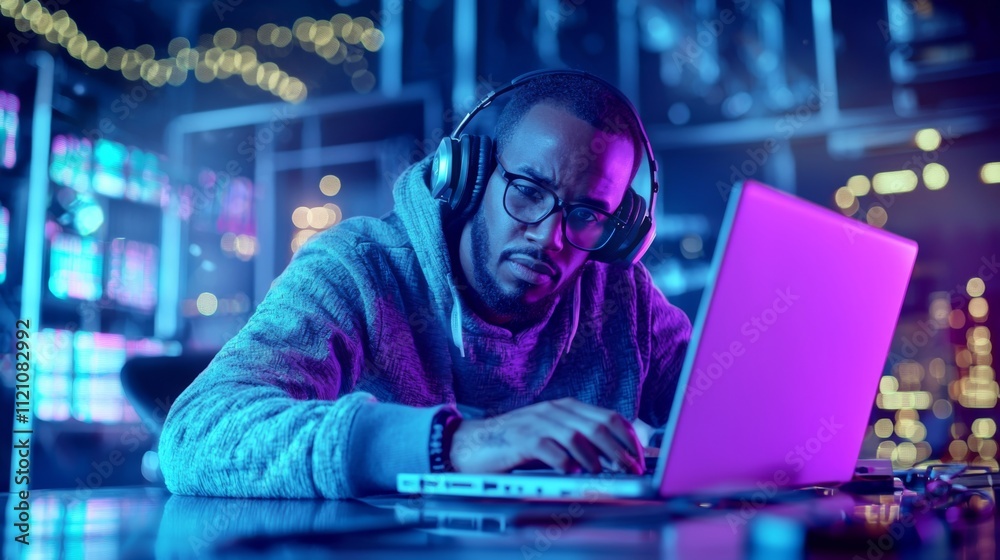 Focused gamer engaged in online session urban environment digital content nighttime close-up perspective technology impact Focused gamer engaged in online session urban environment digital content nighttime close-up perspective technology impact