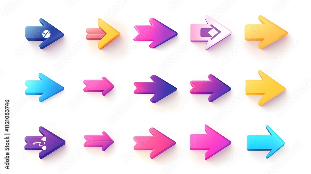 A collection of sleek and modern arrow symbols pointing in multiple directions, representing business growth and strategy. White background. No shadow A collection of sleek and modern arrow symbols pointing in multiple directions, representing business growth and strategy. White background. No shadow