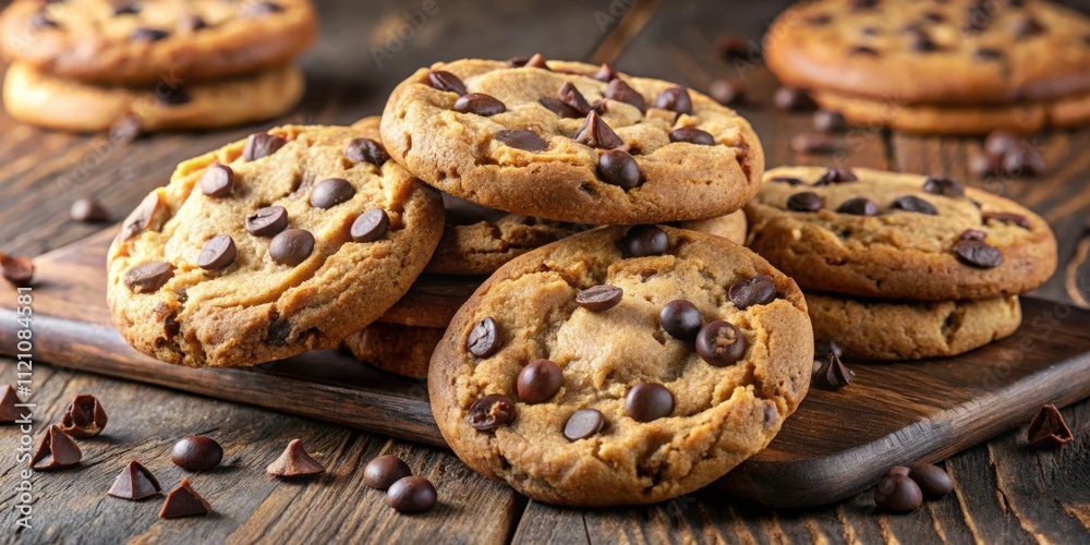 Freshly baked chocolate chip cookies with melting chocolate chips, dessert, homemade, sweet, delicious, snack, treat, bakery Freshly baked chocolate chip cookies with melting chocolate chips, dessert, homemade, sweet, delicious, snack, treat, bakery