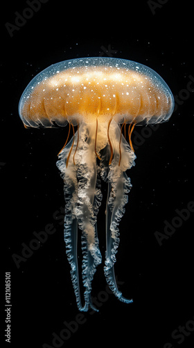 Illustration of floating jellyfish with transparent, trailing tentacles moving gracefully underwater