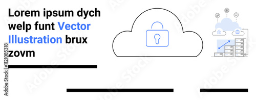 Cloud icon with lock symbolizes cybersecurity, server data storage graphics, and infographic elements. Ideal for tech blogs, security services, data management, IT companies, cloud computing, web