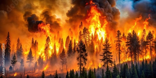 A raging wildfire burning through a forest , wildfire, flames, disaster, destruction, danger, evacuation, burning, smoke, heat