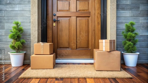 Recently delivered packages on welcome mat in front of wooden door, packages, delivery, parcels, doorstep