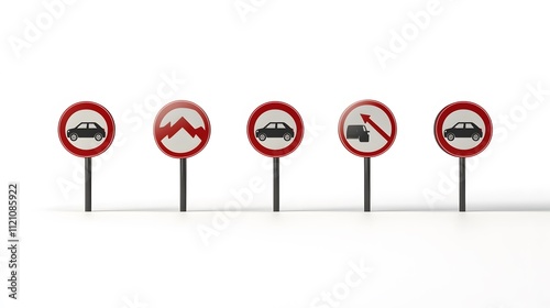 A sleek grouping of no overtaking signs with car icons and directional arrows. White background. No shadow photo