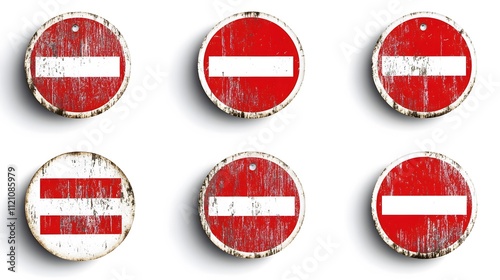 A symbolic arrangement of no entry signs with bold text and red prohibitive marks. White background. No shadow