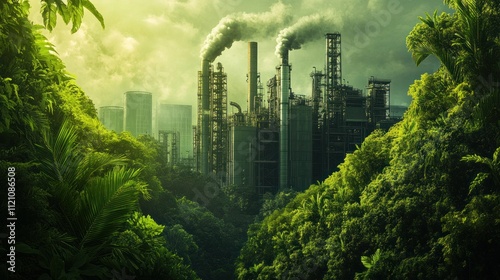 A green factory with no smoke, surrounded by lush plants, capturing the essence of net zero emissions and sustainable industrial processes