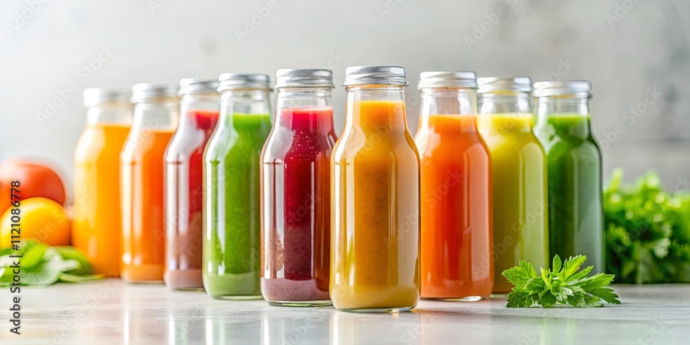 A vibrant row of bottled fruit and vegetable juices, showcasing a spectrum of colors and healthy refreshment A vibrant row of bottled fruit and vegetable juices, showcasing a spectrum of colors and healthy refreshment