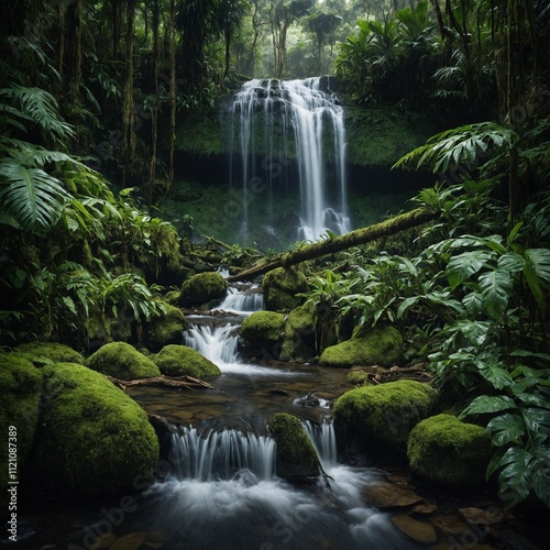 A lush waterfall hidden in a rainforest.

