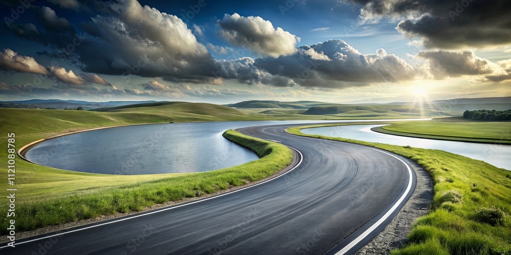 Naklejka premium Serene Winding Road Through Rolling Green Hills and Still Waters at Sunset