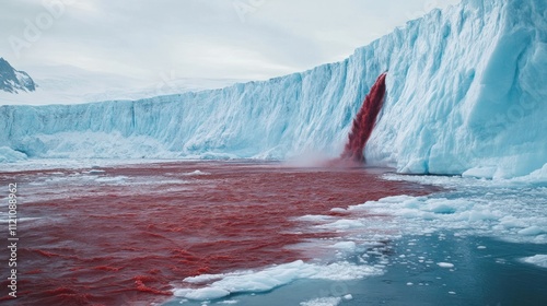 A wide shot of Antarcticas Blood Falls flowing from the edge of a stark white glacier, the red iron-rich water contrasting against the icy blue and white ice, under a pale Antarctic sky