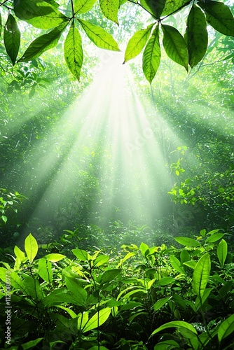 a cinematic view of a misty rainforest, vapor rising from leaves as sunlight filters through, highlighting the role of transpiration in the cycle of life