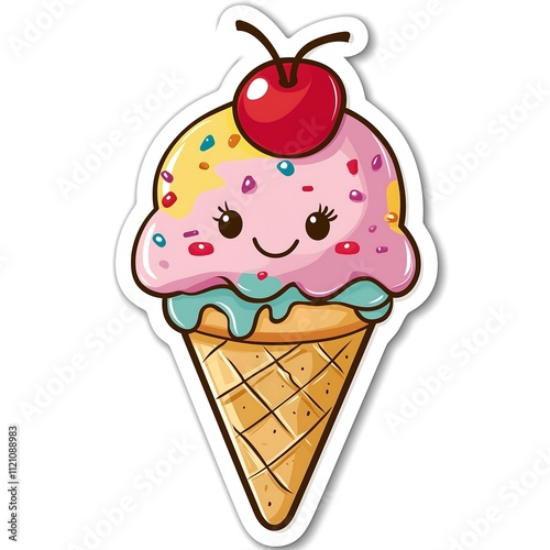 Happy colorful ice cream with cone and cherry on top cartoon sticker, white background, food dessert sweet	
