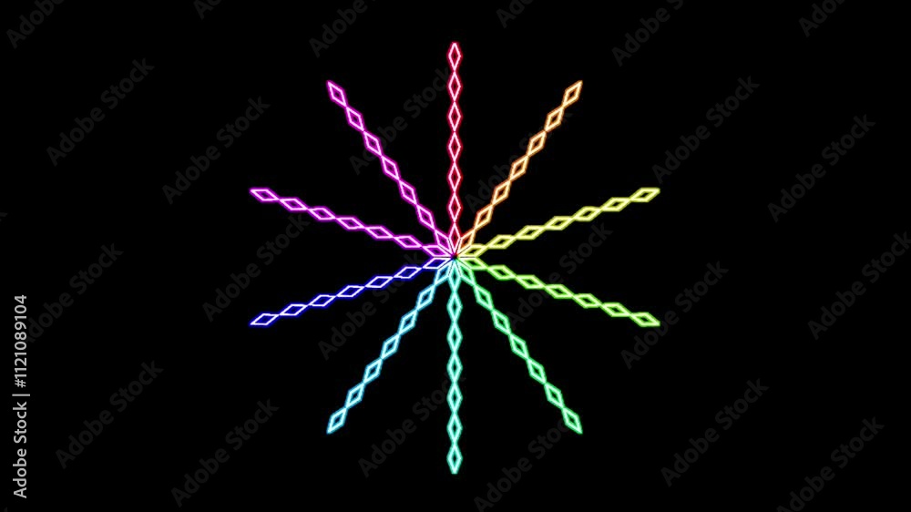Model three fireworks animation with rotating rainbow neon light effect in line art style on a black screen Model three fireworks animation with rotating rainbow neon light effect in line art style on a black screen