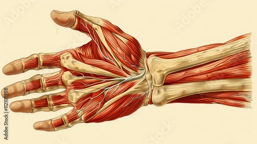 Detailed anatomical illustration of arm and hand featuring veins, muscles, and bone structures