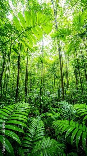 A lush rainforest scene showing the interaction of humidity, sunlight, and energy promoting plant growth