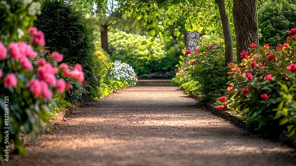 Fototapeta premium A serene garden path lined with blooming flowers, shaded by trees, and leading to a peaceful pond