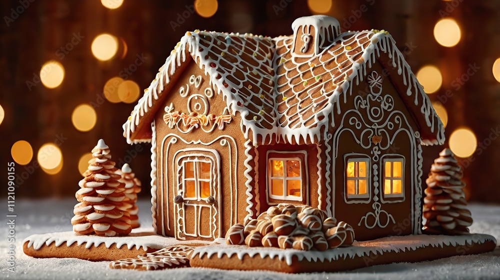 A close-up of a gingerbread house with intricate icing decorations, glowing with warm lights, 3D rendering. A close-up of a gingerbread house with intricate icing decorations, glowing with warm lights, 3D rendering.