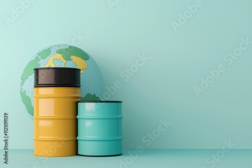 Oil, gold and water barrels near planet earth representing resources and sustainability photo