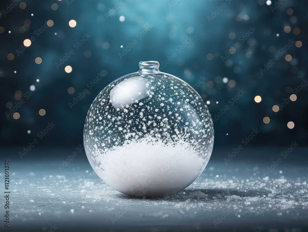 Generous Christmas Snow globe Snowflake with Snowfall on Blue Background Generous Christmas Snow globe Snowflake with Snowfall on Blue Background