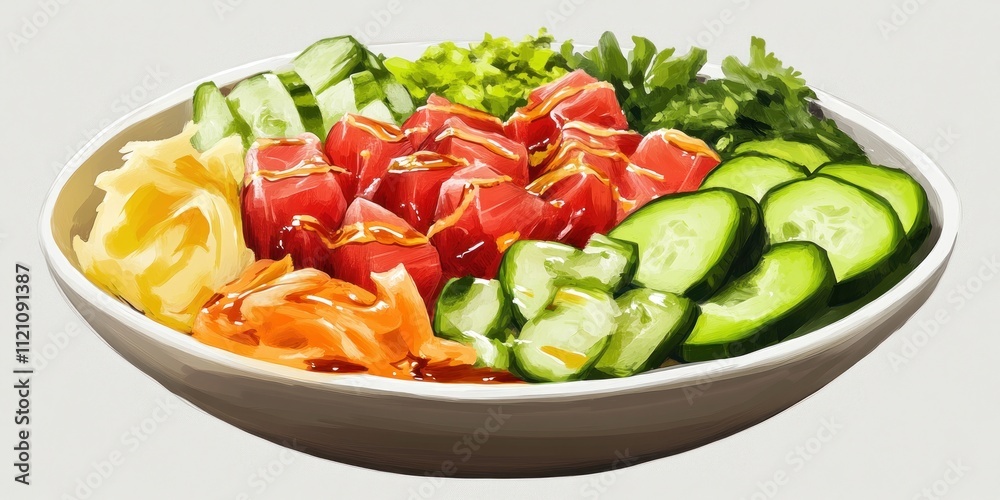 A vibrant bowl of sushi with fresh vegetables and toppings, showcasing Japanese cuisine. A vibrant bowl of sushi with fresh vegetables and toppings, showcasing Japanese cuisine.