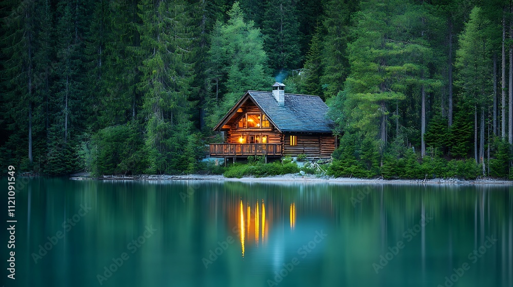 Fototapeta premium A serene lakeside cabin surrounded by dense forest with a calm lake reflecting the sunset