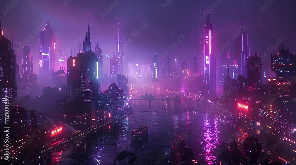 Obraz premium The sci-fi city skyline with purple and cyan neon lights at night. A night scene with futuristic skyscrapers.