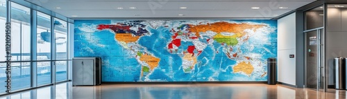 Exploring global culturesworld map mural in modern airport terminal contemporary art travel environment indoor viewpoint