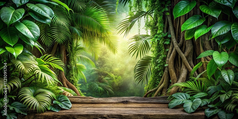 Lush Jungle Paradise Wooden Plank Display in Vibrant Tropical Foliage