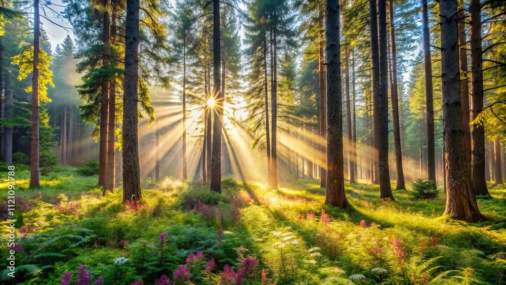 Obraz premium Golden sun rays illuminate a tranquil forest scene, dappled light through tall trees, wildflowers blooming in lush greenery