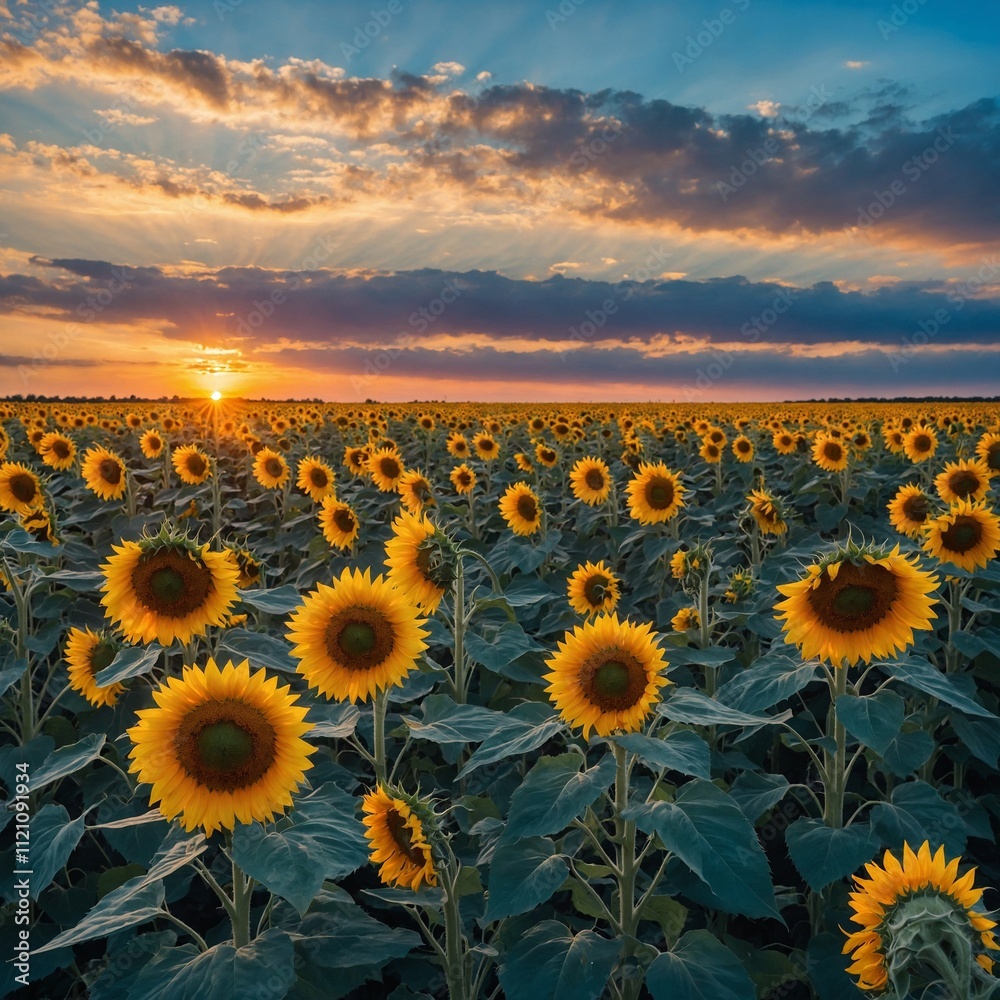 Fototapeta premium sunflower field at sunset