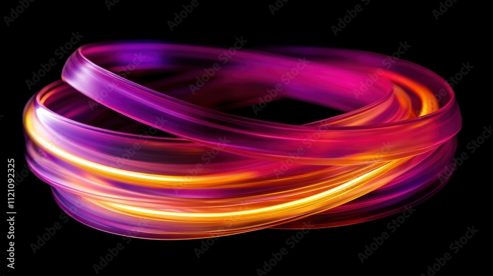 Curved neon filaments of gold and magenta floating in a dark void, overlapping to create an illusion of continuous, rapid movement Curved neon filaments of gold and magenta floating in a dark void, overlapping to create an illusion of continuous, rapid movement