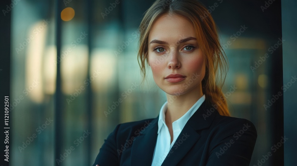 Confident businesswoman in a dark suit, arms crossed. Ideal for business, corporate, and leadership themes. Confident businesswoman in a dark suit, arms crossed. Ideal for business, corporate, and leadership themes.