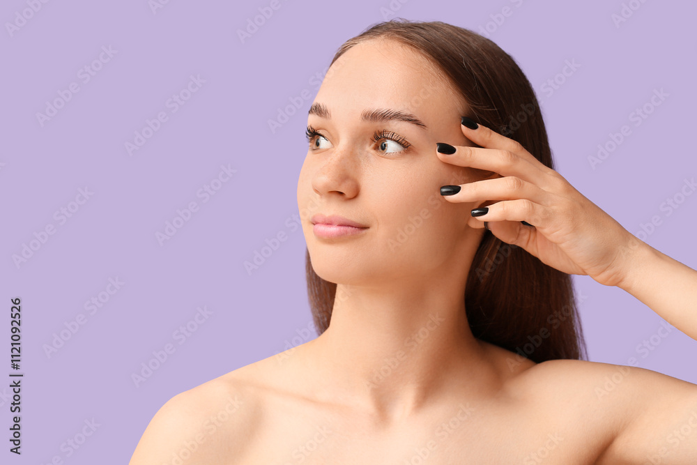 Young woman with beautiful eyebrows on lilac background Young woman with beautiful eyebrows on lilac background
