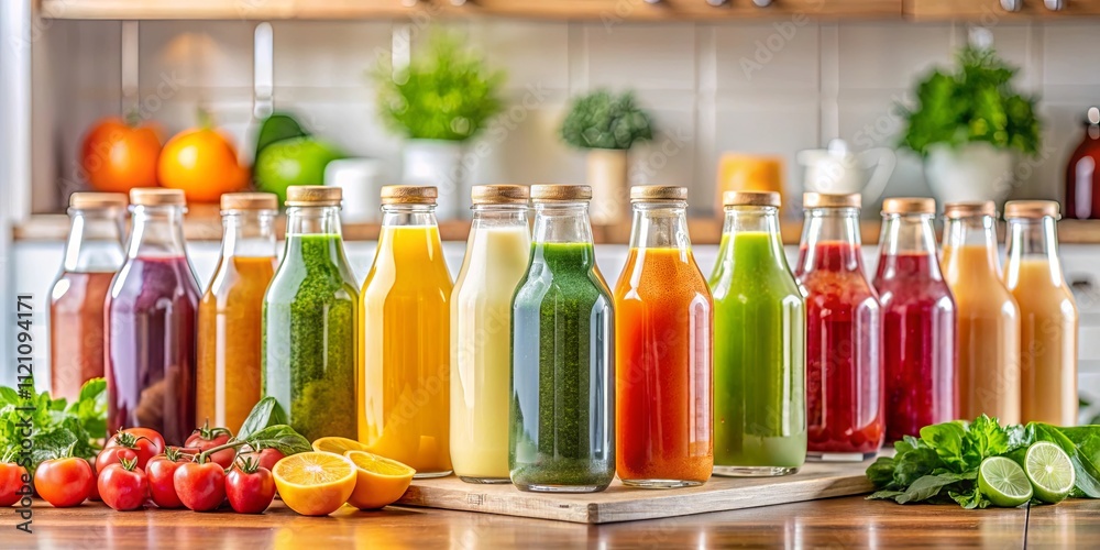 A colorful collection of fresh fruit and vegetable juices in glass bottles on a kitchen counter A colorful collection of fresh fruit and vegetable juices in glass bottles on a kitchen counter