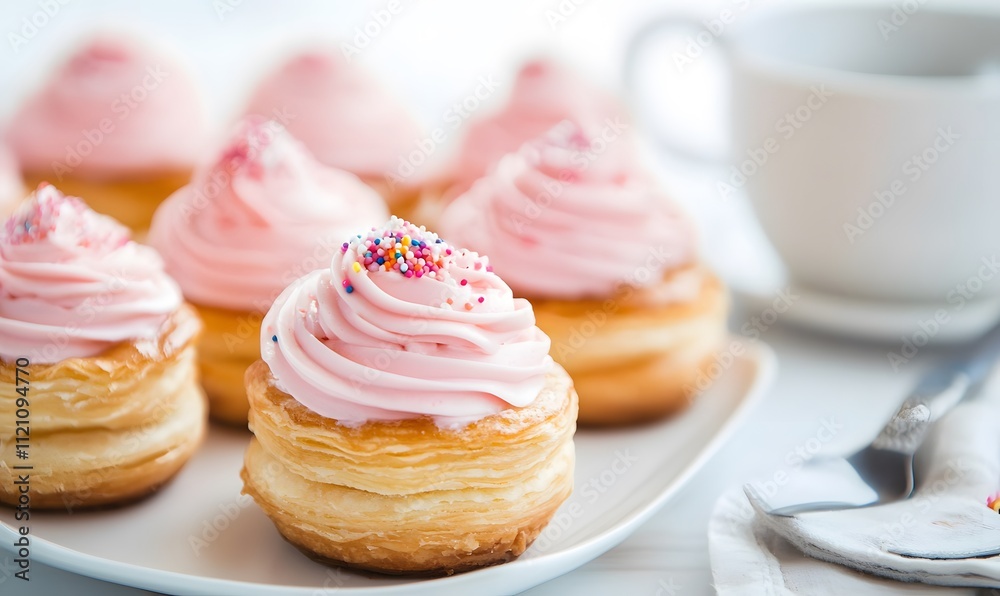 Pink cream pastries with layered flaky crusts, Generative AI Pink cream pastries with layered flaky crusts, Generative AI