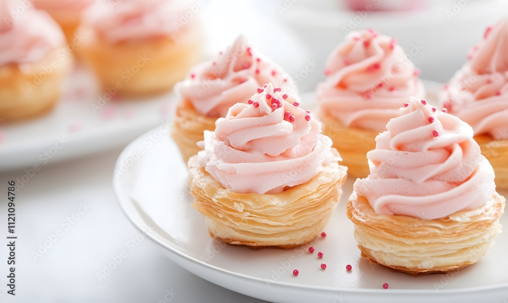 Pink cream pastries with layered flaky crusts, Generative AI Pink cream pastries with layered flaky crusts, Generative AI