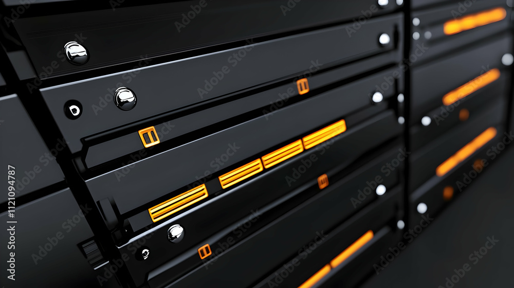 Bokeh effects and bright orange and yellow lights in an abstract close-up of a server rack with data storage lights, representing contemporary digital infrastructure and data technology Bokeh effects and bright orange and yellow lights in an abstract close-up of a server rack with data storage lights, representing contemporary digital infrastructure and data technology